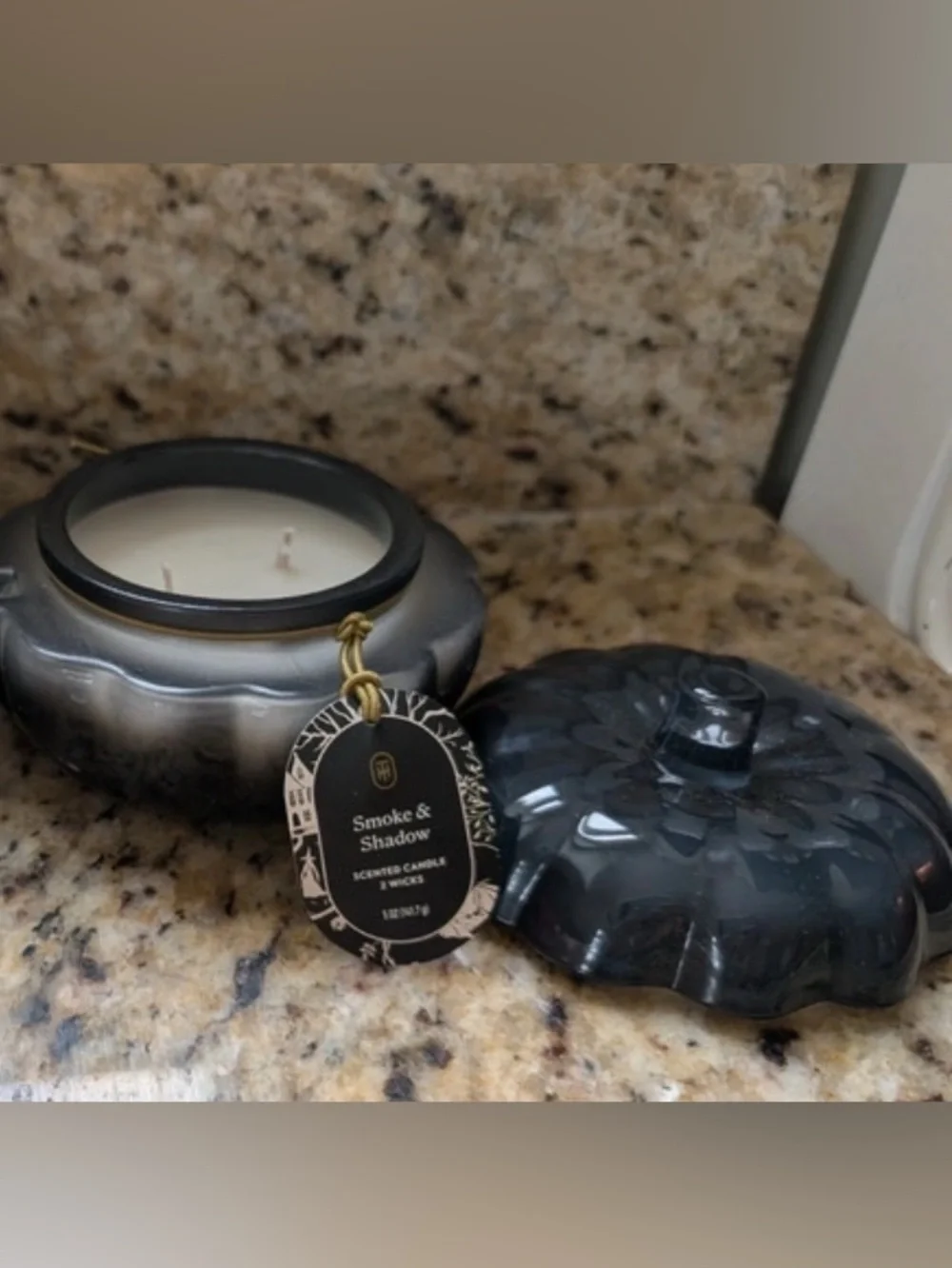 2pk Pumpkin Candle Jar 2 Wick Small Black Glass Pumpkin Smoke and Shadow Scent